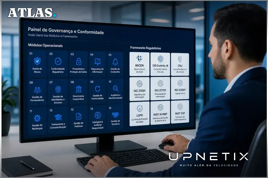 Dashboard da plataforma GRC mostrando múltiplos módulos operacionais e frameworks regulatórios com rótulos em português.