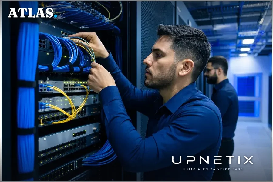 Data center de telecomunicações com servidores e cabos de fibra óptica em ambiente moderno e iluminado.
