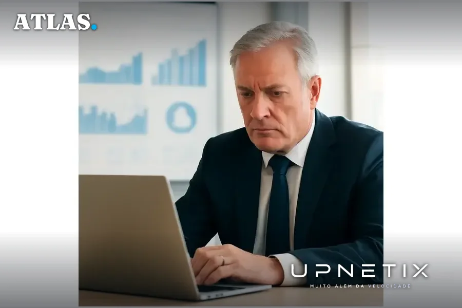 Executivo sênior analisando indicadores financeiros e eficiência em escritório corporativo claro.