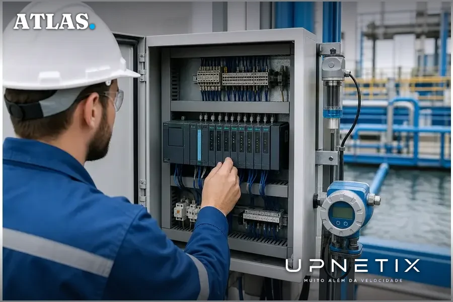 Controlador lógico programável (PLC) em estação de tratamento de água, foco em equipamento crítico de infraestrutura.