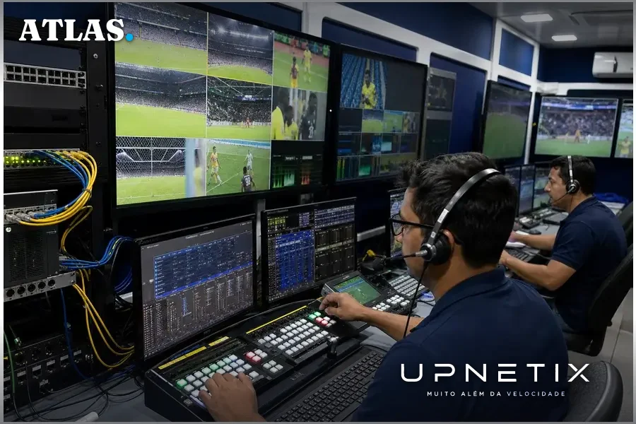Operadores técnicos brasileiros monitorando transmissão audiovisual em evento esportivo