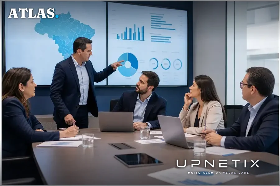 Executivos brasileiros discutindo investimentos em saneamento em sala de conferências moderna.