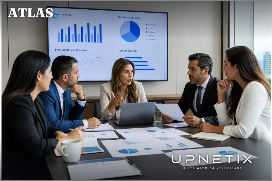 Executivos latino-americanos discutindo investimentos em reunião corporativa moderna.