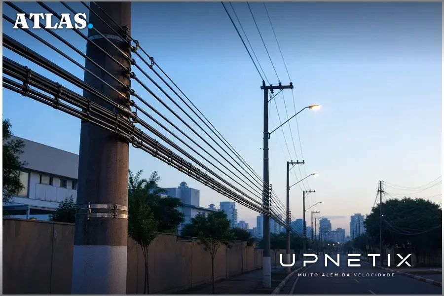 Avenida com postes de cabos organizados em primeiro plano e um poste com cabos emaranhados ao fundo