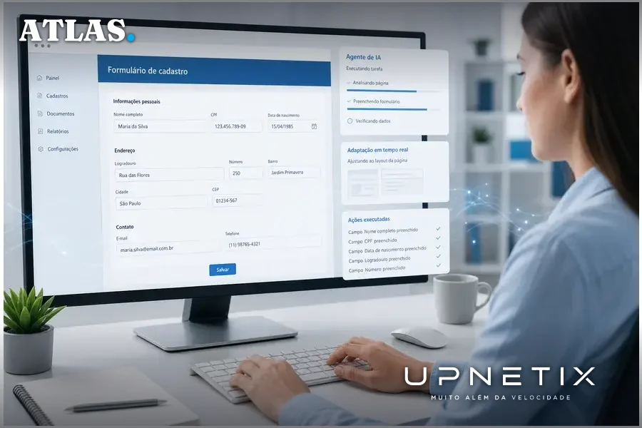 Sessão digital com agente de IA autônomo interagindo de forma invisível em formulário online.
