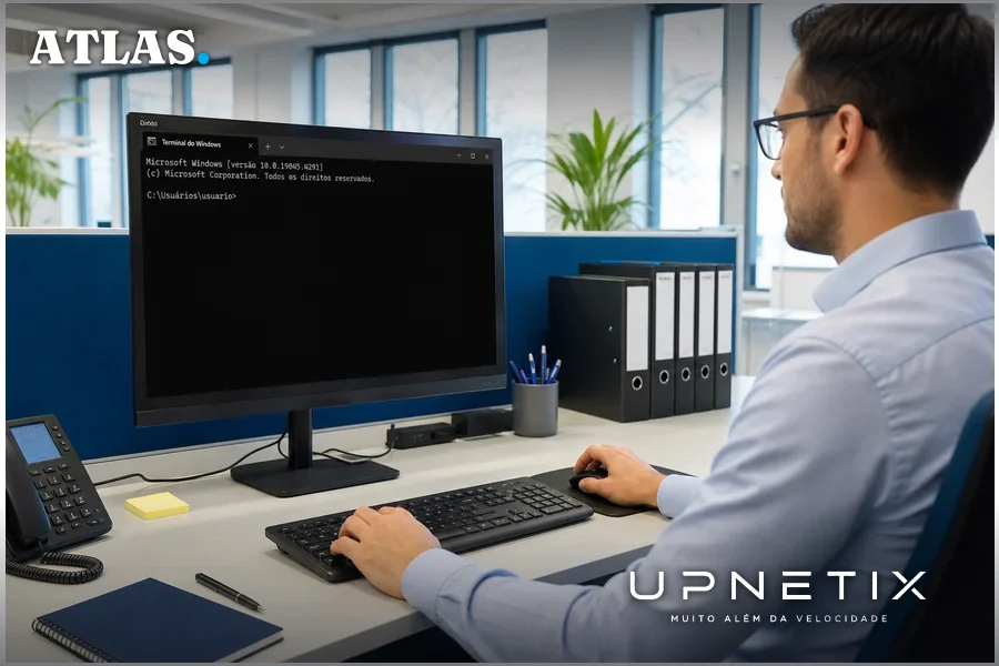 Estação de trabalho em órgão público alemão com Windows Terminal aberto