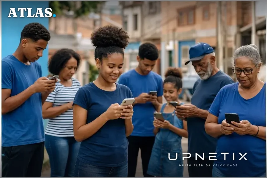 Moradores de comunidade periférica brasileira usando smartphones ao ar livre, simbolizando acesso à conectividade móvel.