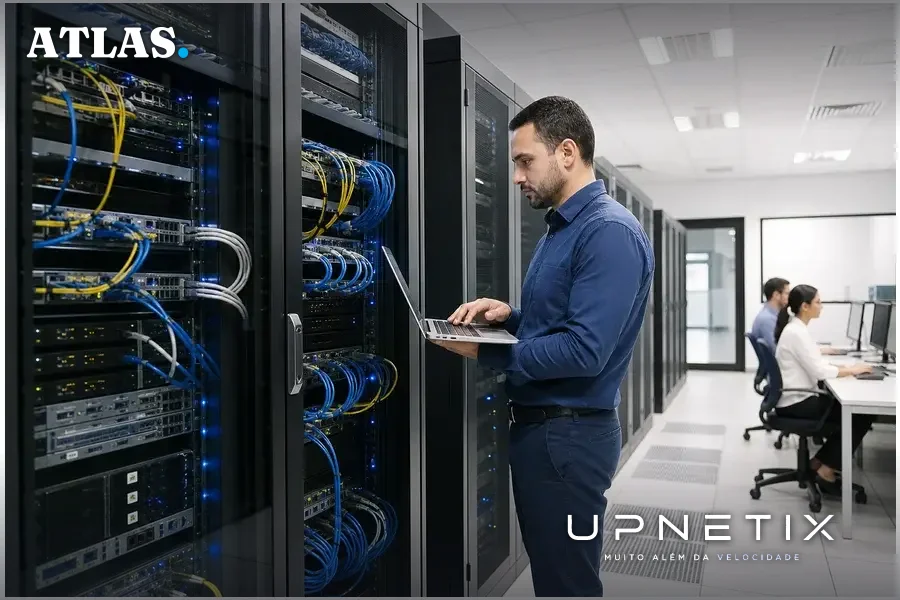 Centro de dados moderno com servidores e cabos de fibra óptica em ambiente corporativo.