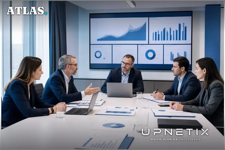 Executivos discutindo projeto em reunião corporativa