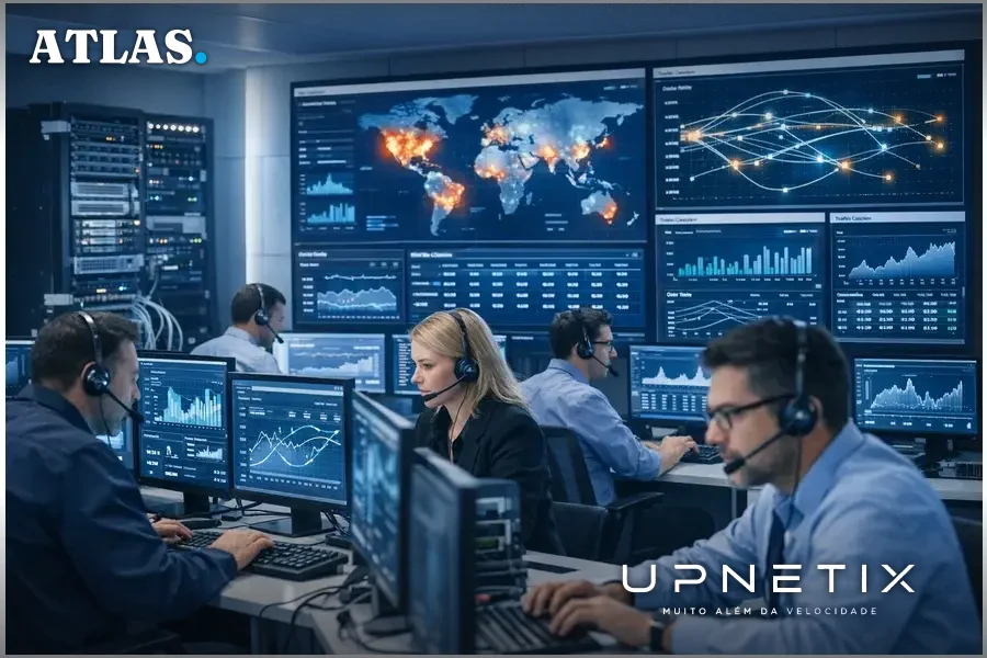 Engenheiros monitorando sistemas de transmissão digital em sala de operações técnica durante pico de audiência.
