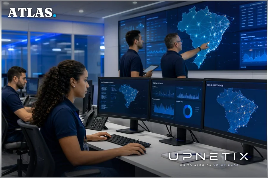 Engenheiros da Eletronet monitorando a conectividade em centro de operações de rede moderno