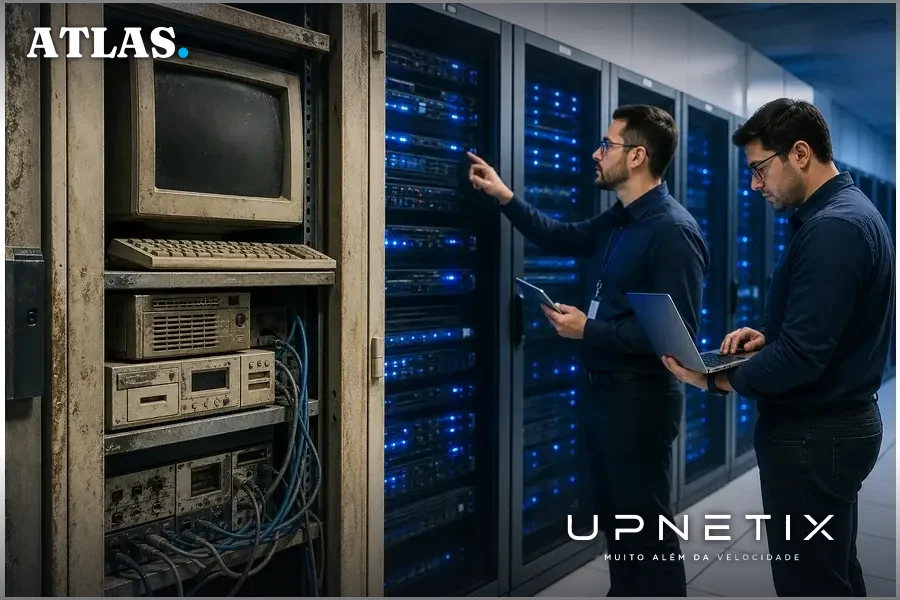 Data center mostrando contraste entre infraestrutura legada e moderna em empresa brasileira.