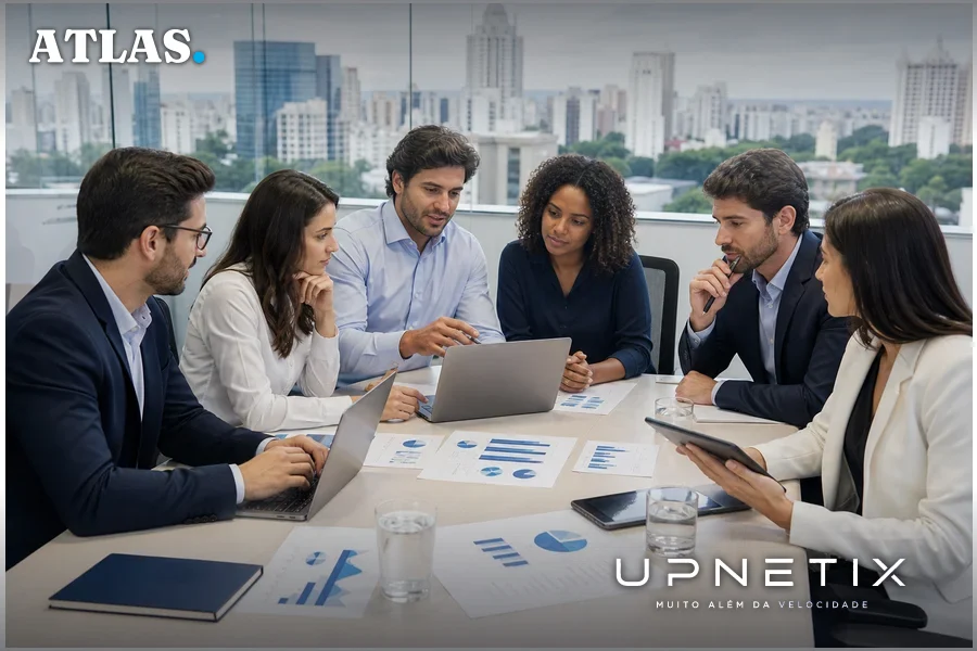 Equipe da Endeavor Catalyst reunida em escritório moderno discutindo estratégias de investimento no Brasil.