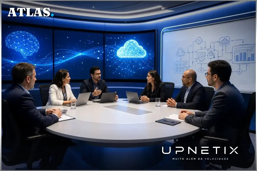 Executivos e especialistas em sala imersiva discutindo arquitetura de nuvem e IA no estúdio Microsoft.