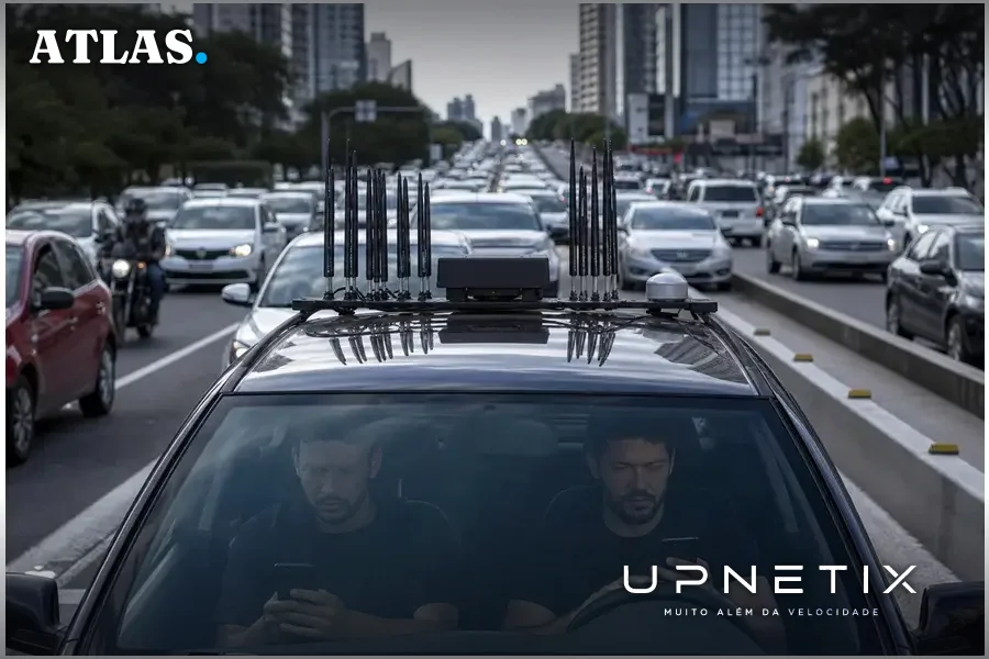 Veículo com antena clandestina operando em vias congestionadas de São Paulo para disseminar mensagens fraudulentas.