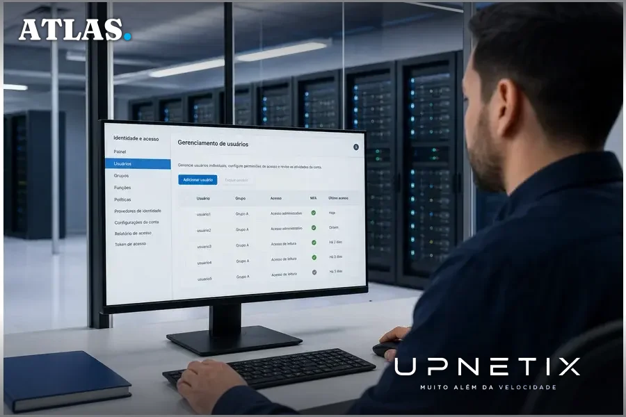 Datacenter moderno com painel de gerenciamento IAM da AWS em tela próxima