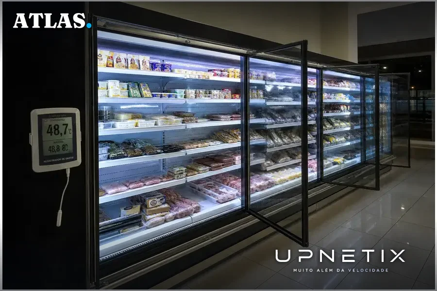 Geladeira industrial aberta com termômetro digital indicando temperatura elevada em supermercado francês à noite