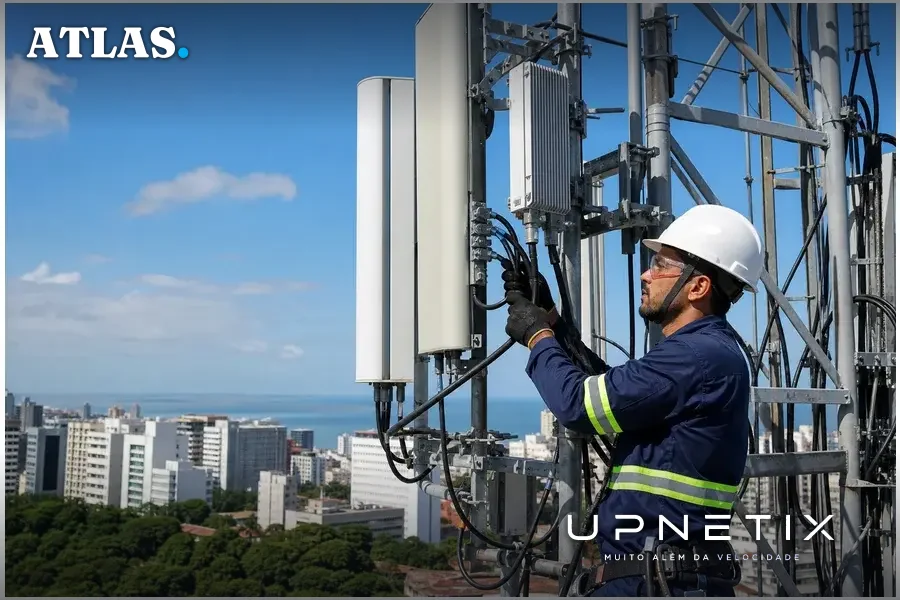 Estação rádio-base modernizada com antenas 5G em área urbana de Brasília ou Salvador.