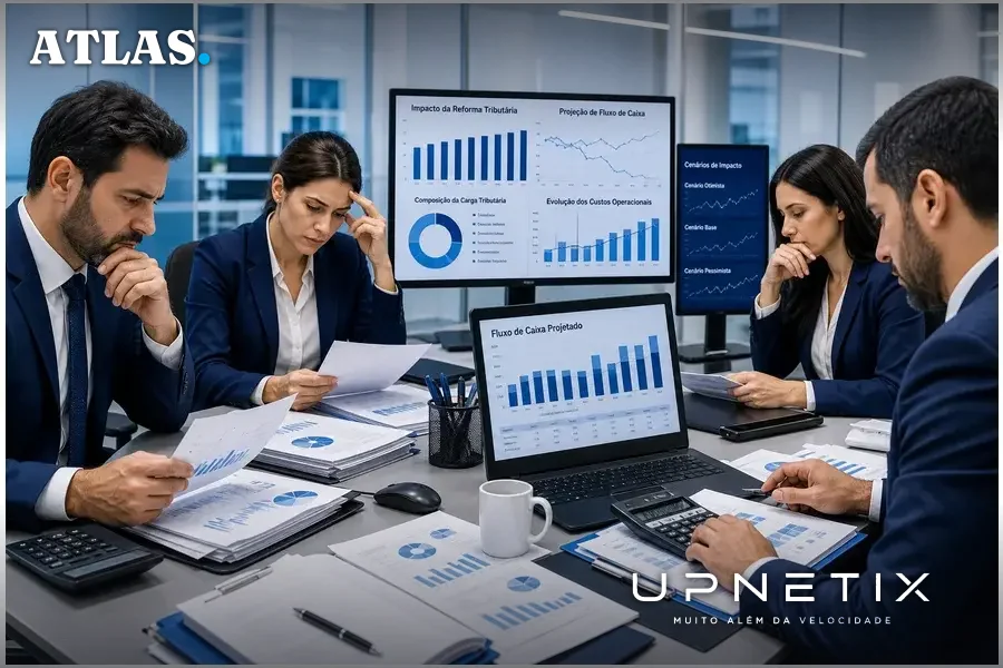 Equipe corporativa analisando documentos e gráficos financeiros em escritório moderno e iluminado