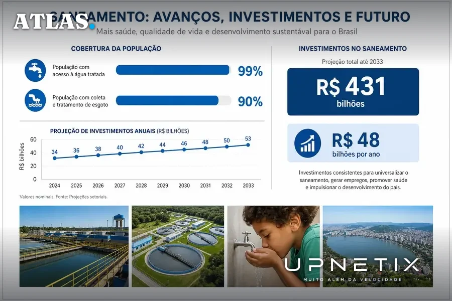 Gráfico de barras ilustrando metas de universalização do saneamento e investimentos necessários