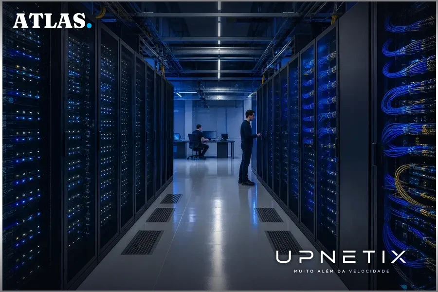 Corredor interno de data center especializado em IA com cabeamento óptico e servidores.