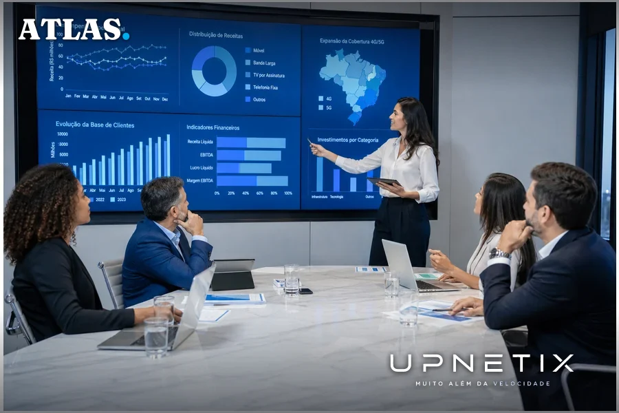 Executivos brasileiros em reunião corporativa moderna discutindo dados de telecomunicações.