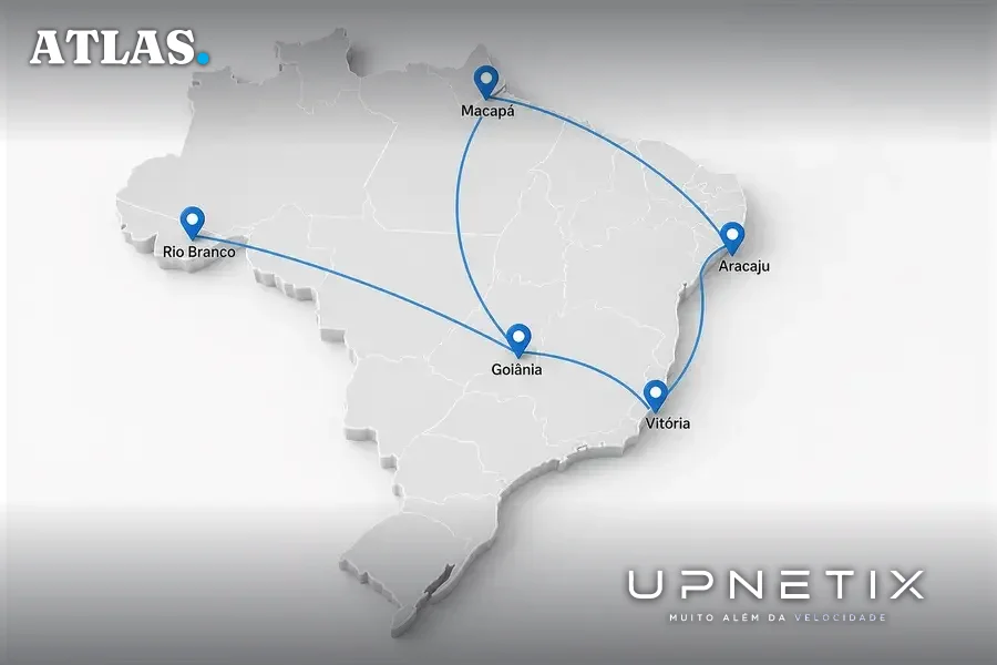 Mapa do Brasil mostrando as cinco capitais conectadas pela rede privativa federal de fibra óptica