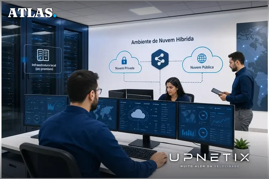 Ambiente de TI híbrido brasileiro com servidores físicos e nuvem pública e privada, profissionais interagindo com interfaces digitais.