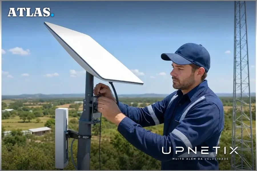 Técnico instalando equipamentos Starlink para rede móvel híbrida em área rural dos EUA, ambiente claro e profissional