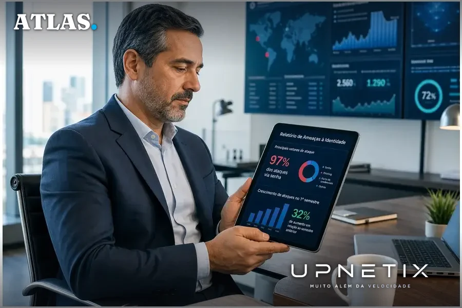 Executivo de segurança da informação analisando relatório digital sobre ataques de identidade em escritório corporativo.