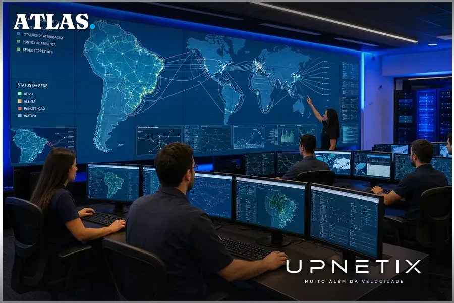 Sala de operações de telecomunicações com técnicos monitorando cabos submarinos