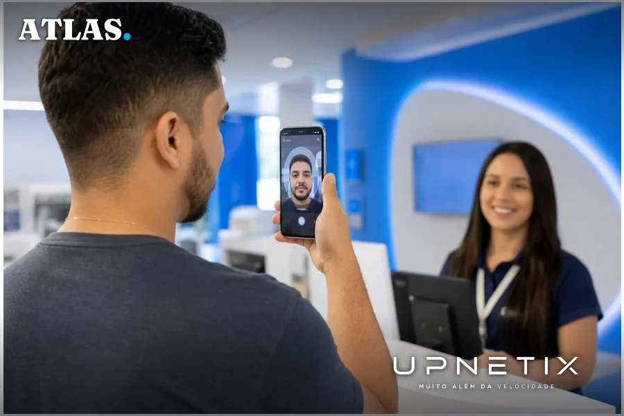 Pessoa realizando reconhecimento facial no smartphone para ativação de linha móvel em loja de operadora.