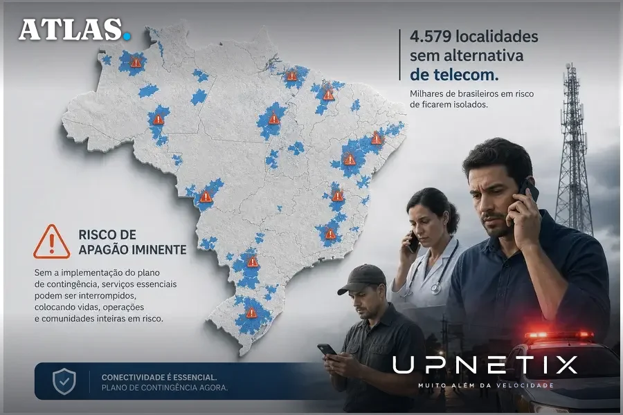Mapa do Brasil destacando localidades em risco de apagão telecom