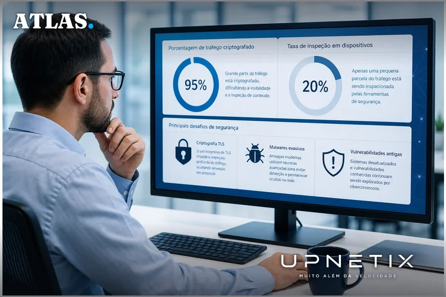 Especialista em segurança analisando painel digital sobre tráfego criptografado e vulnerabilidades