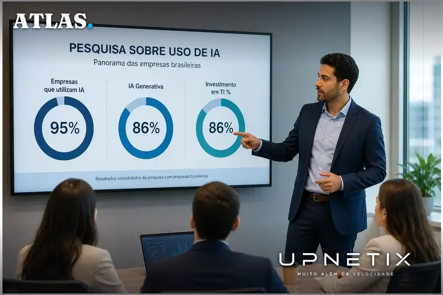 Painel digital com dados de uso e investimento em IA nas empresas brasileiras.