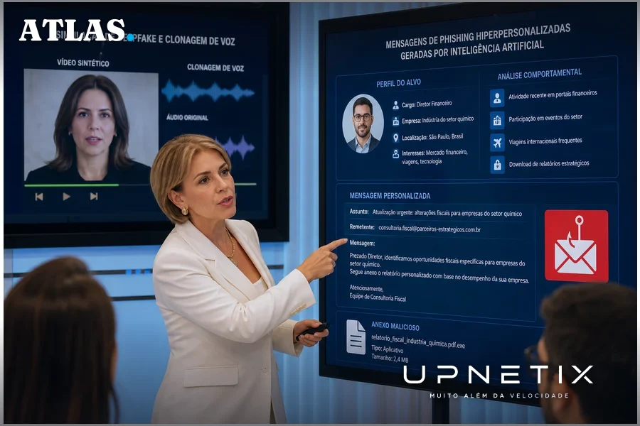 Executiva apresentando exemplos de ataques cibernéticos personalizados com uso de IA, como phishing e deepfake.