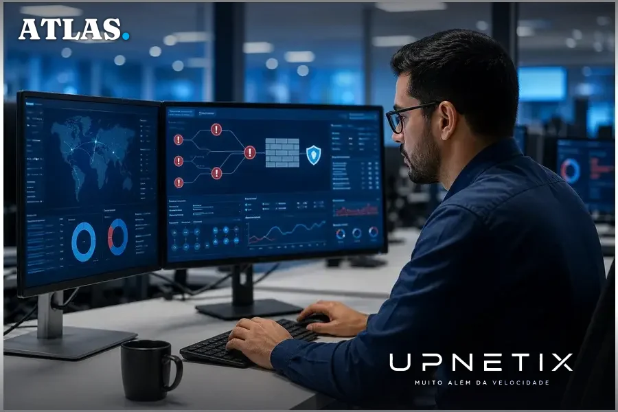 Técnico de segurança cibernética analisando alertas de firewall em escritório corporativo.