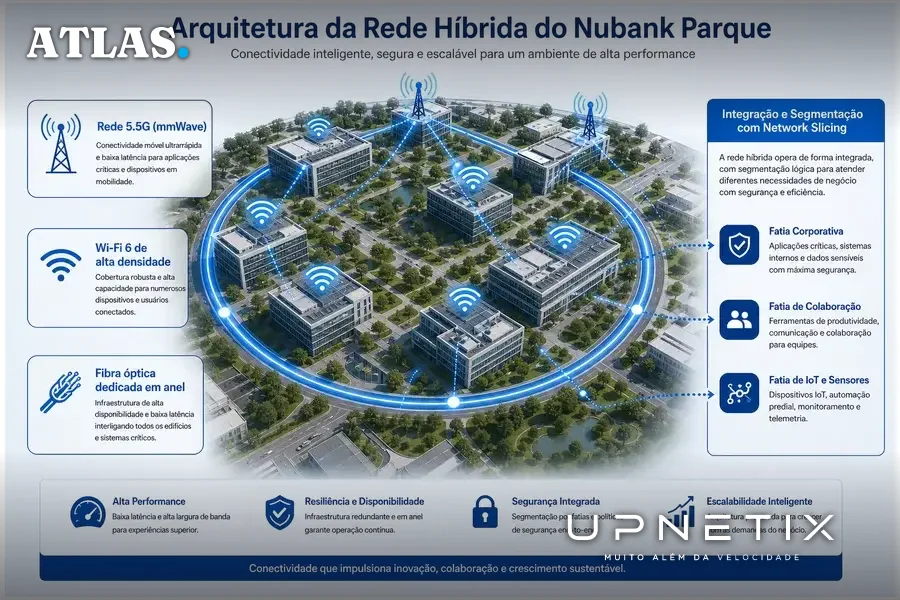 Diagrama explicativo da arquitetura híbrida da rede 5.5G, Wi-Fi 6 e fibra óptica do estádio