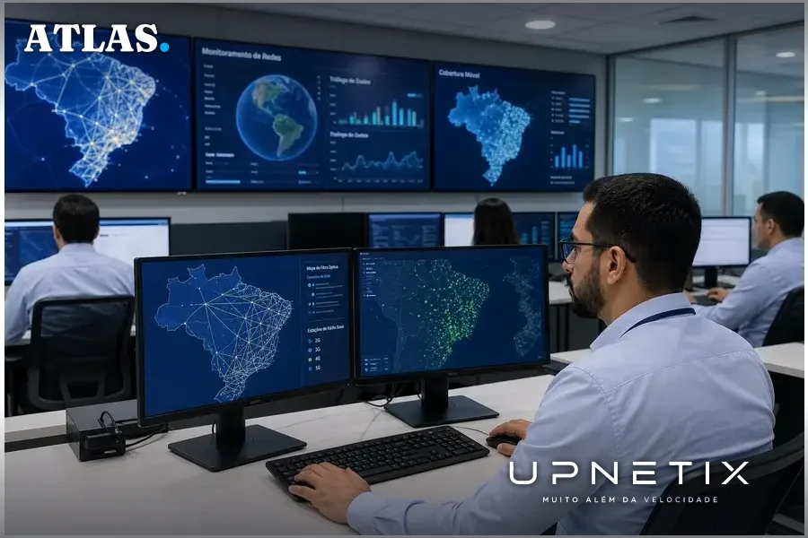 Técnicos do governo federal monitorando a rede privativa de comunicação em um centro de operações moderno.