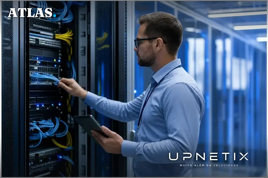 Servidor moderno em data center representando a infraestrutura crítica protegida por IA avançada da Anthropic.