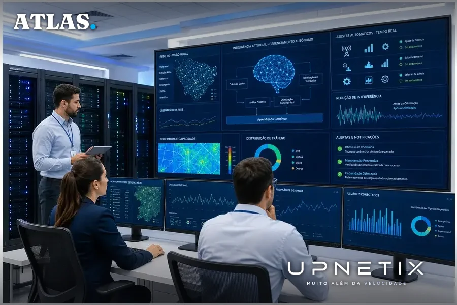 Sala técnica com equipamentos e inteligência artificial gerenciando a rede 5G