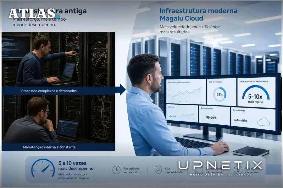 Comparação entre servidor antigo dividido e infraestrutura moderna da Magalu Cloud com aumento de desempenho.
