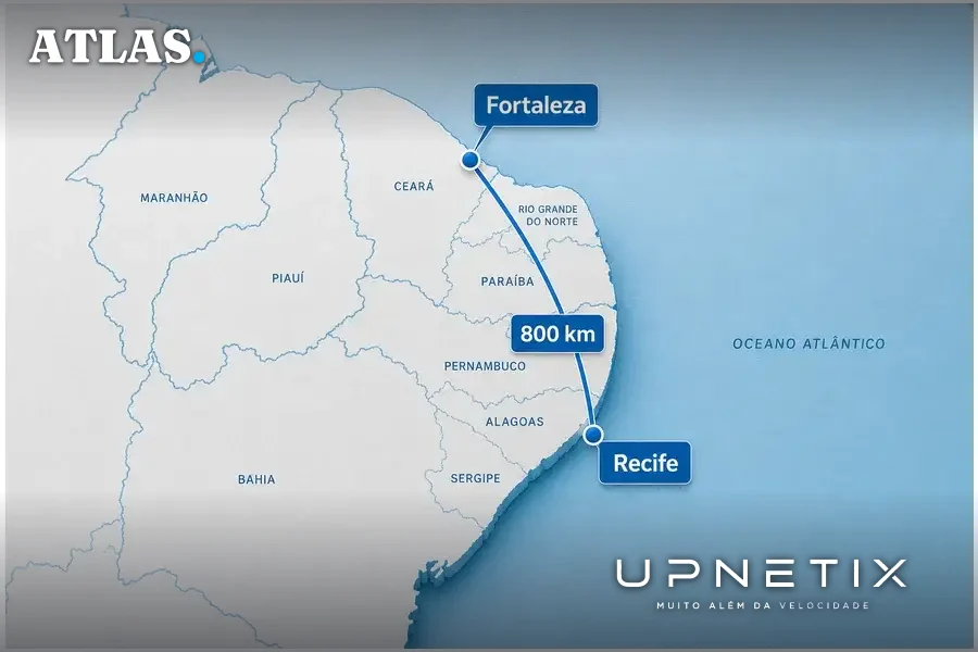 Mapa do Nordeste do Brasil mostrando Fortaleza e Recife com distância de 800 km