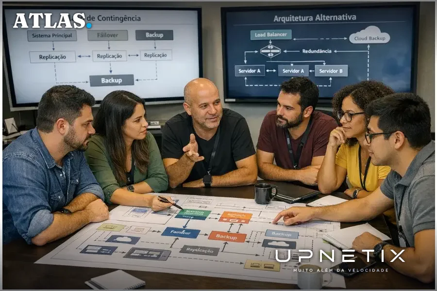Equipe de TI brasileira analisa diagramas de arquitetura para planejar sistemas resilientes sem pontos únicos de falha.