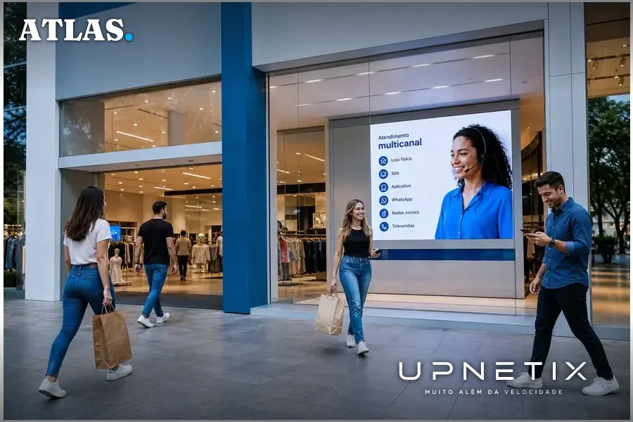 Fachada de loja do Grupo Riachuelo com painel digital de atendimento multicanal.