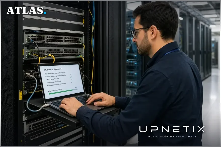 Engenheiro de segurança atualizando firmware de switch Cisco Nexus 9000 em data center.
