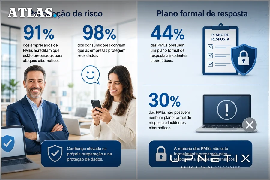 Diagrama mostrando a disparidade entre percepção de risco e preparo para ataques cibernéticos em PMEs brasileiras