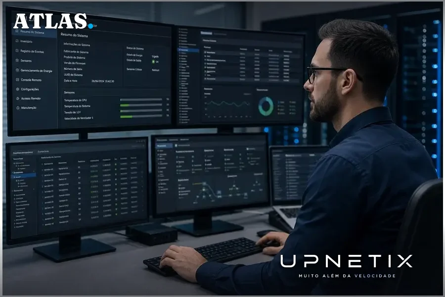 Técnico de segurança cibernética monitorando interfaces de gerenciamento IPMI 2.0 em múltiplas telas
