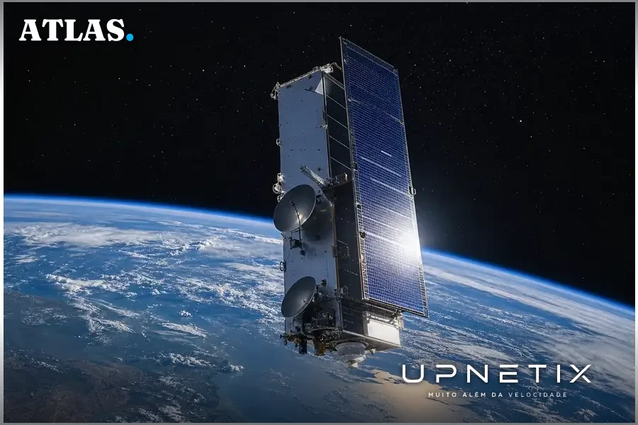 Satélite Starlink V2 em órbita terrestre, mostrando tecnologia avançada para comunicação direta com smartphones.