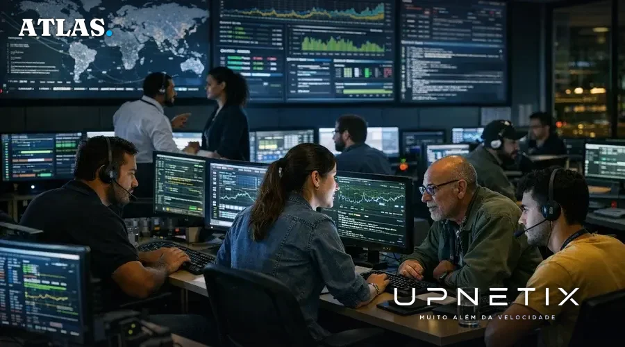 Centro de operações de rede brasileiro com engenheiros monitorando tráfego intenso em múltiplas telas durante a noite.